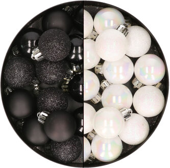 28x stuks kleine kunststof kerstballen zwart en parelmoer wit 3 cm