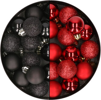 28x stuks kleine kunststof kerstballen zwart en rood 3 cm