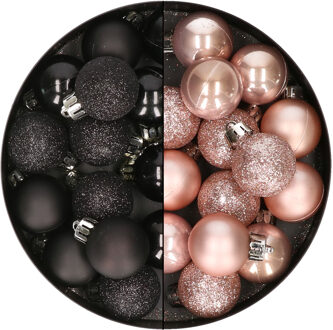 28x stuks kleine kunststof kerstballen zwart en zachtroze 3 cm