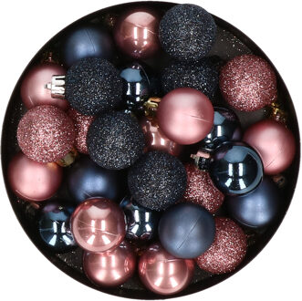 28x stuks kunststof kerstballen donkerblauw en oudroze mix 3 cm