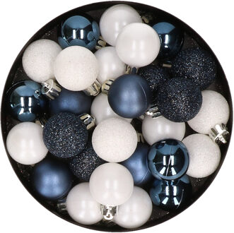 28x stuks kunststof kerstballen donkerblauw en wit mix 3 cm