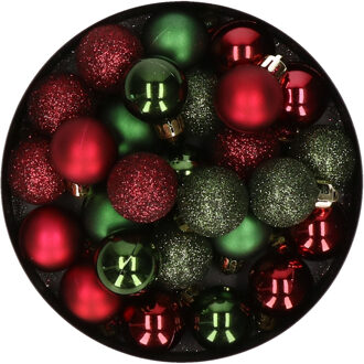 28x stuks kunststof kerstballen donkergroen en donkerrood mix 3 cm