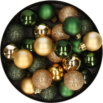 28x stuks kunststof kerstballen donkergroen en goud mix 3 cm