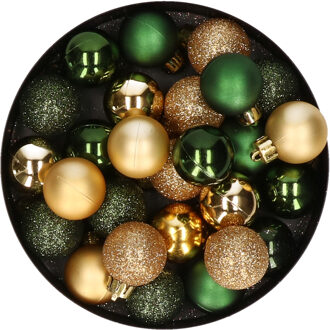 28x stuks kunststof kerstballen donkergroen en goud mix 3 cm