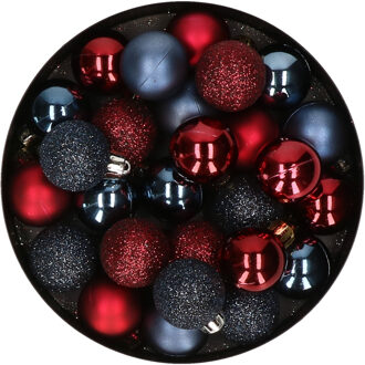 28x stuks kunststof kerstballen donkerrood en donkerblauw mix 3 cm - Kerstbal