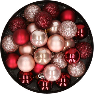 28x stuks kunststof kerstballen donkerrood en lichtroze mix 3 cm