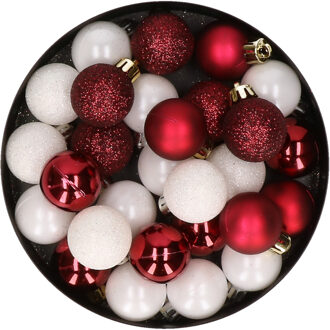 28x stuks kunststof kerstballen donkerrood en wit mix 3 cm