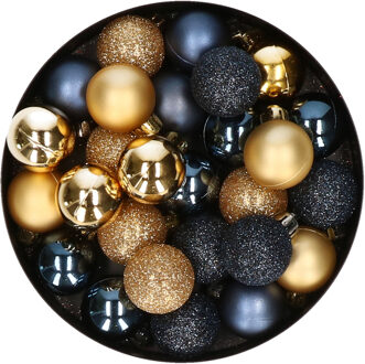 28x stuks kunststof kerstballen goud en donkerblauw mix 3 cm - Kerstbal