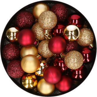 28x stuks kunststof kerstballen goud en donkerrood mix 3 cm