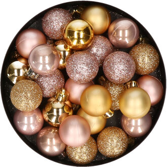 28x stuks kunststof kerstballen goud en lichtroze mix 3 cm - Kerstbal Goudkleurig