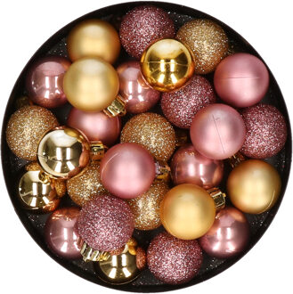 28x stuks kunststof kerstballen goud en oudroze mix 3 cm