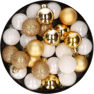 28x stuks kunststof kerstballen goud en wit mix 3 cm