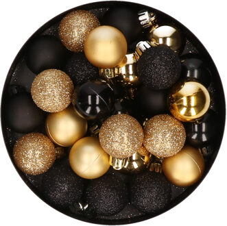 28x stuks kunststof kerstballen goud en zwart mix 3 cm - Kerstbal Goudkleurig