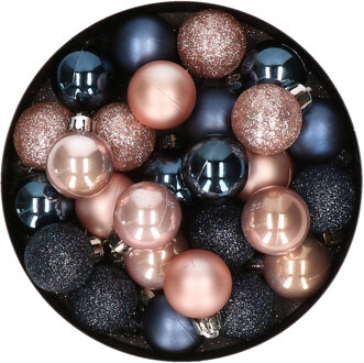 28x stuks kunststof kerstballen lichtroze en donkerblauw mix 3 cm