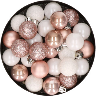 28x stuks kunststof kerstballen lichtroze en wit mix 3 cm