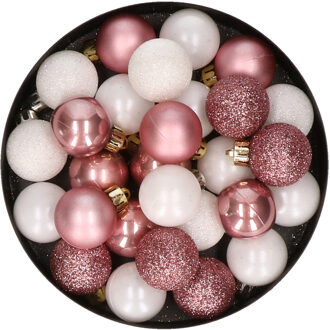 28x stuks kunststof kerstballen oudroze en wit mix 3 cm