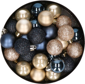 28x stuks kunststof kerstballen parel/champagne en donkerblauw mix 3 cm
