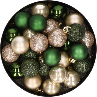28x stuks kunststof kerstballen parel/champagne en donkergroen mix 3 cm