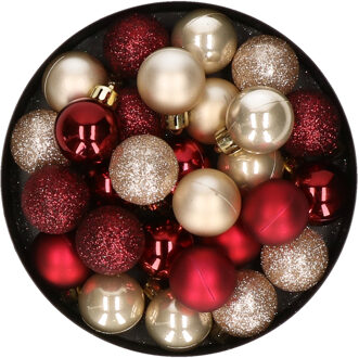 28x stuks kunststof kerstballen parel/champagne en donkerrood mix 3 cm