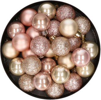 28x stuks kunststof kerstballen parel/champagne en lichtroze mix 3 cm - Kerstbal