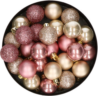 28x stuks kunststof kerstballen parel/champagne en oudroze mix 3 cm