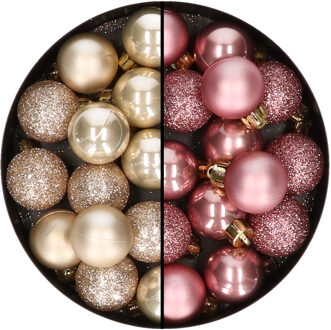 28x stuks kunststof kerstballen parel/champagne en oudroze mix 3 cm