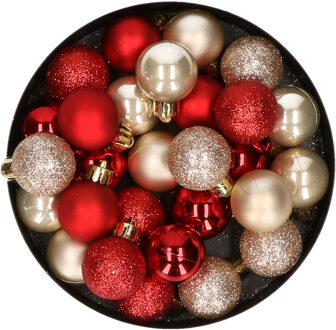 28x stuks kunststof kerstballen parel/champagne en rood mix 3 cm