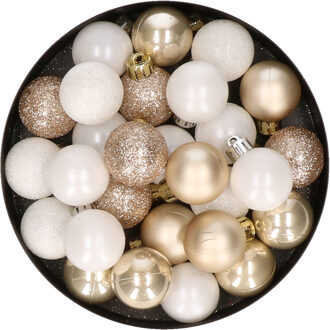 28x stuks kunststof kerstballen parel/champagne en wit mix 3 cm - Kerstbal Champagnekleurig