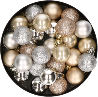 28x stuks kunststof kerstballen parel/champagne en zilver mix 3 cm - Kerstbal Champagnekleurig