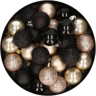 28x stuks kunststof kerstballen parel/champagne en zwart mix 3 cm - Kerstbal Champagnekleurig