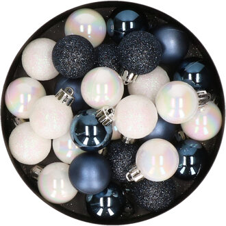 28x stuks kunststof kerstballen parelmoer wit en donkerblauw mix 3 cm - Kerstbal