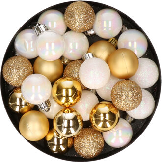 28x stuks kunststof kerstballen parelmoer wit en goud mix 3 cm