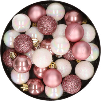 28x stuks kunststof kerstballen parelmoer wit en oud roze mix 3 cm - Kerstbal