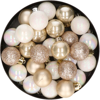 28x stuks kunststof kerstballen parelmoer wit en parel champagne mix 3 cm - Kerstbal Champagnekleurig