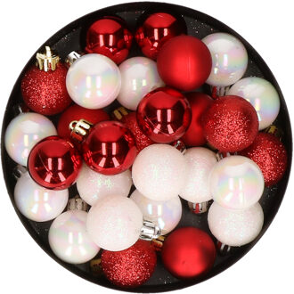 28x stuks kunststof kerstballen parelmoer wit en rood mix 3 cm