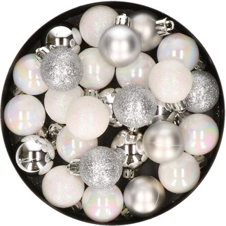 28x stuks kunststof kerstballen parelmoer wit en zilver mix 3 cm - Kerstbal