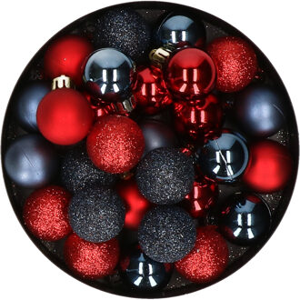 28x stuks kunststof kerstballen rood en donkerblauw mix 3 cm