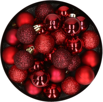 28x stuks kunststof kerstballen rood en donkerrood mix 3 cm