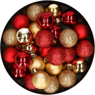 28x stuks kunststof kerstballen rood en goud mix 3 cm Goudkleurig