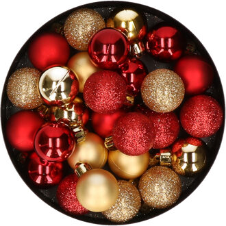 28x stuks kunststof kerstballen rood en goud mix 3 cm