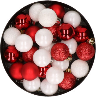 28x stuks kunststof kerstballen rood en wit mix 3 cm