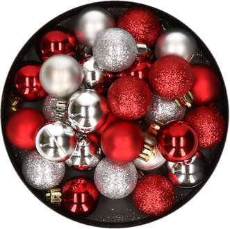 28x stuks kunststof kerstballen rood en zilver mix 3 cm