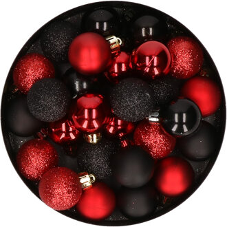 28x stuks kunststof kerstballen rood en zwart mix 3 cm