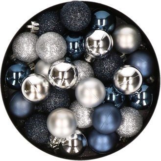 28x stuks kunststof kerstballen zilver en donkerblauw mix 3 cm