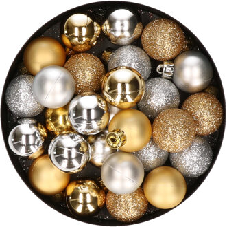 28x stuks kunststof kerstballen zilver en goud mix 3 cm