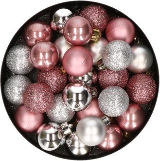 28x stuks kunststof kerstballen zilver en oudroze mix 3 cm - Kerstbal