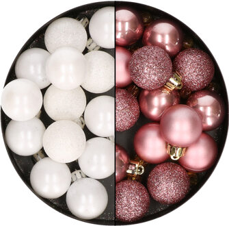 28x stuks stuks kunststof kerstballen wit en velvet roze 3 cm - Kerstbal