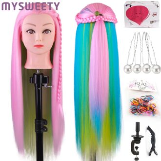 29 Inch Kleurrijke Synthetisch Haar Mannequin Pruik Haar Hoofd Voor Kapsels Hairdressing Training Hoofd Dummy Pop Klem Accessoires roze regenboog