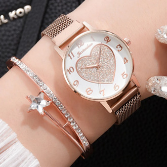 2pc/set Luxury Brand Women Watches Love Magnet Watch Buckle Fashion Casual Female Wristwatch Roman Numeral Simple Bracelet