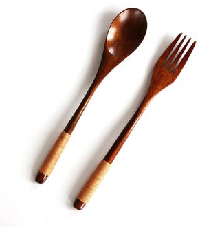 2Pc Westerse Servies Houten Vork Lepel Dessert Set Retro Vintage Stijl Fruit Serveren Kinderen Voedsel Utensi Scoop Supply #40 khaki